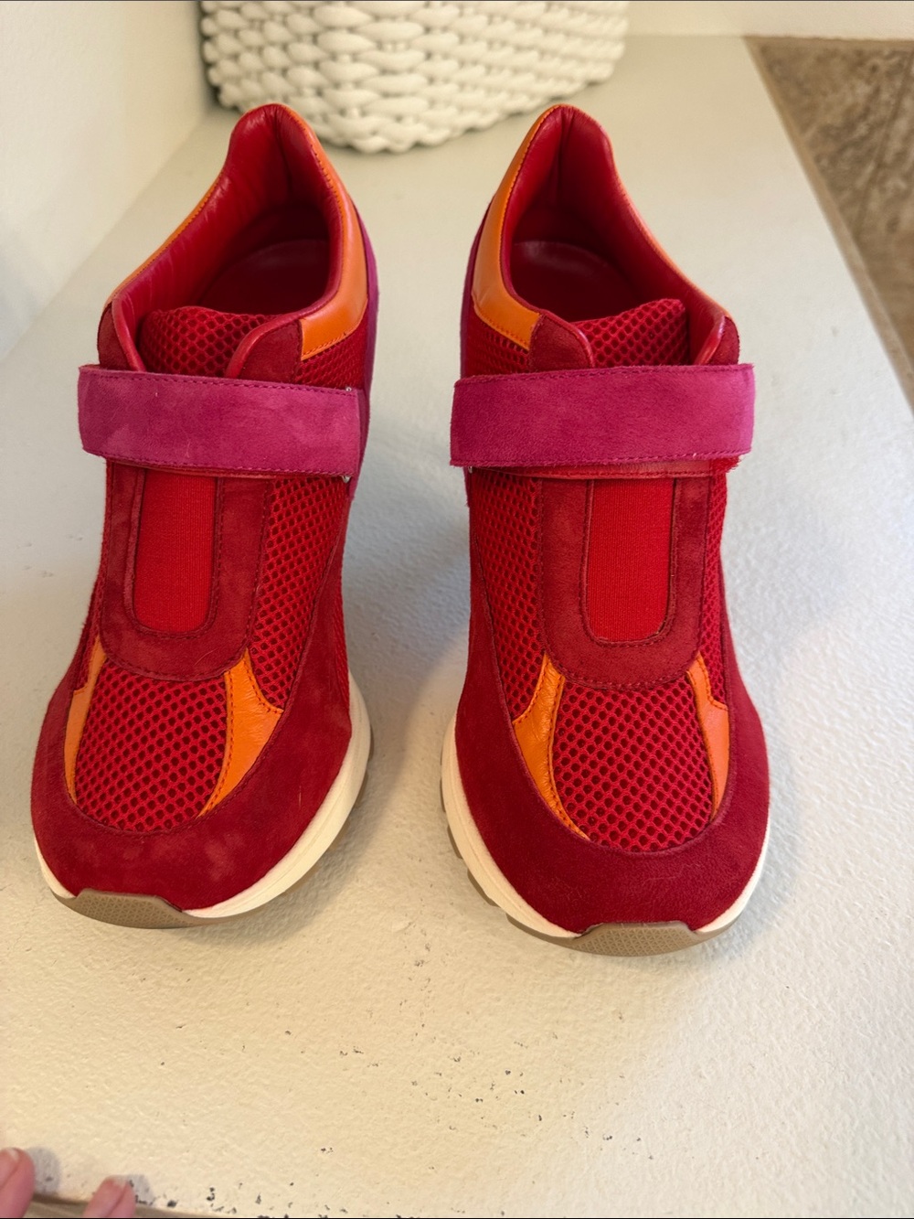 Women’s Sneaks Red & Orange Slip-On Sneaker Heel with Velcro Strap